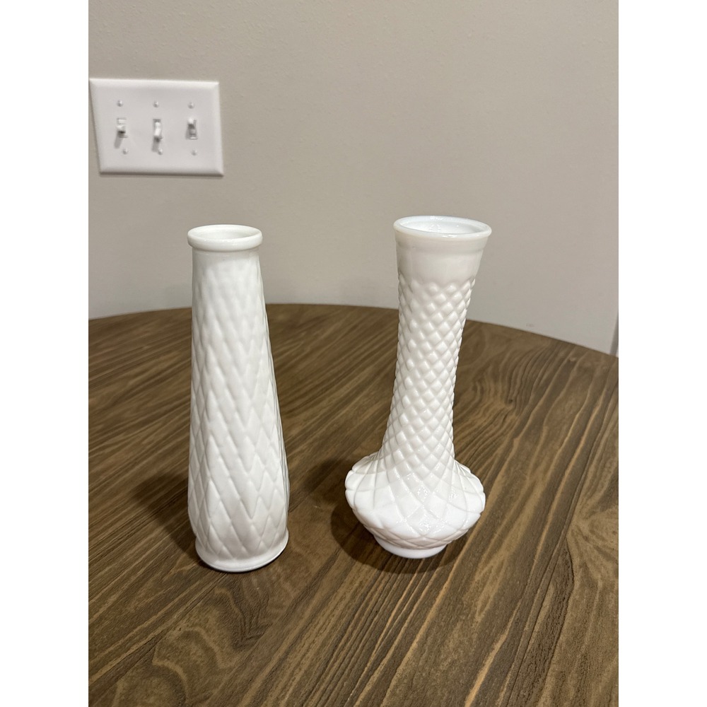 Vintage Milk Glass Bud Vases Set of 2 White Diamond Quilted Pattern & Swirl 9"